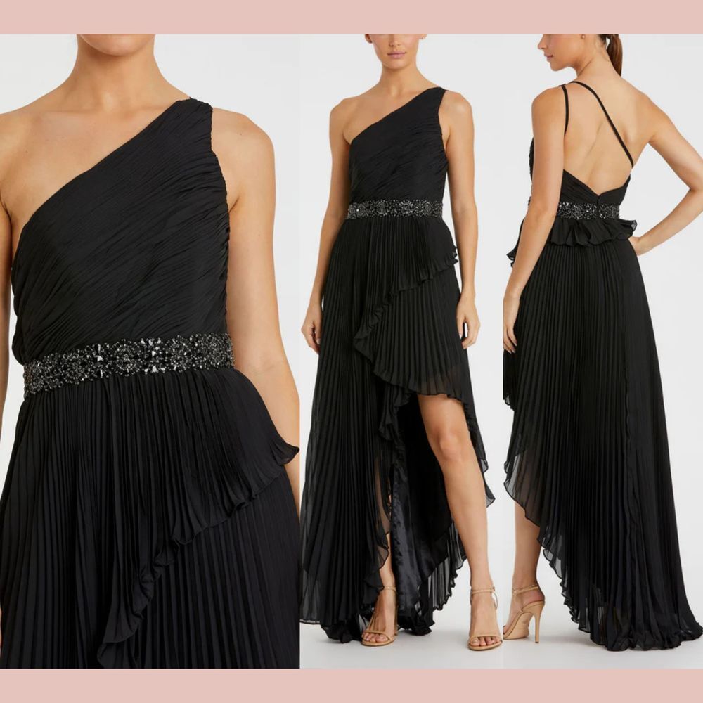 NWT Mac Duggal [ 6 ] 49532 Pleated One Shoulder‎ Asymmetrical Ruffle Gown Black